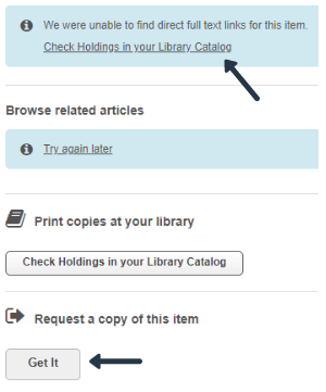Information in library catalog that holdings are not available