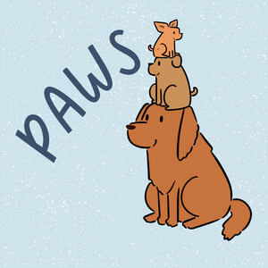 Three dogs stacked on top of each other. Text reads "PAWS"