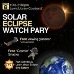 Solar Eclipse Watch Party April 8, 1pm-2pm, Lewis Library Courtyard Solar eclipse and view of earth from outer space. cartoon sun with glasses, astronaut