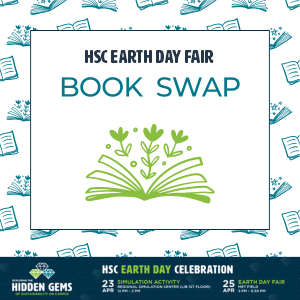 illustration of open book with flowers growing out of the pages. H S C Earth Day Fair Book Swap