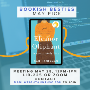 Book cover of 'Eleanor Oliphant is Completely Fine' by Gail Honeyman with open laptop with code on the screen in the background. Text reads "Bookish Besties May Pick."