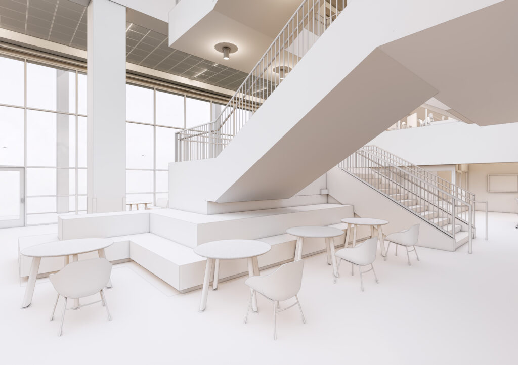 Concept Drawing of Level 2 of Gibson D. Lewis Library featuring updated stairwell and new furniture.