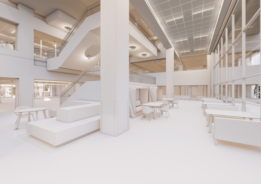 Concept Drawing of Level 2 of Gibson D. Lewis Library featuring updated stairwell and new furniture.