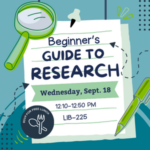 "Beginner's Guide to Research" Event date and time listed on a lined notebook page, an illustrated pen and magnifying glass are also displayed.