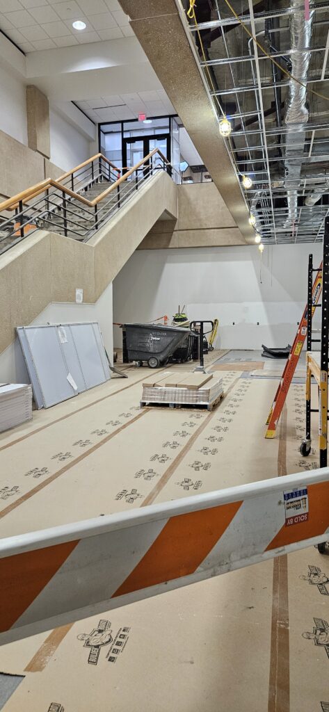 Gibson D. Lewis Library, Level 1 stairwell under construction 9/1/2024