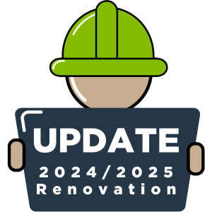 cartoon generic head wearing green hard hat. holding a sign "2024/2025 Renovation Update"