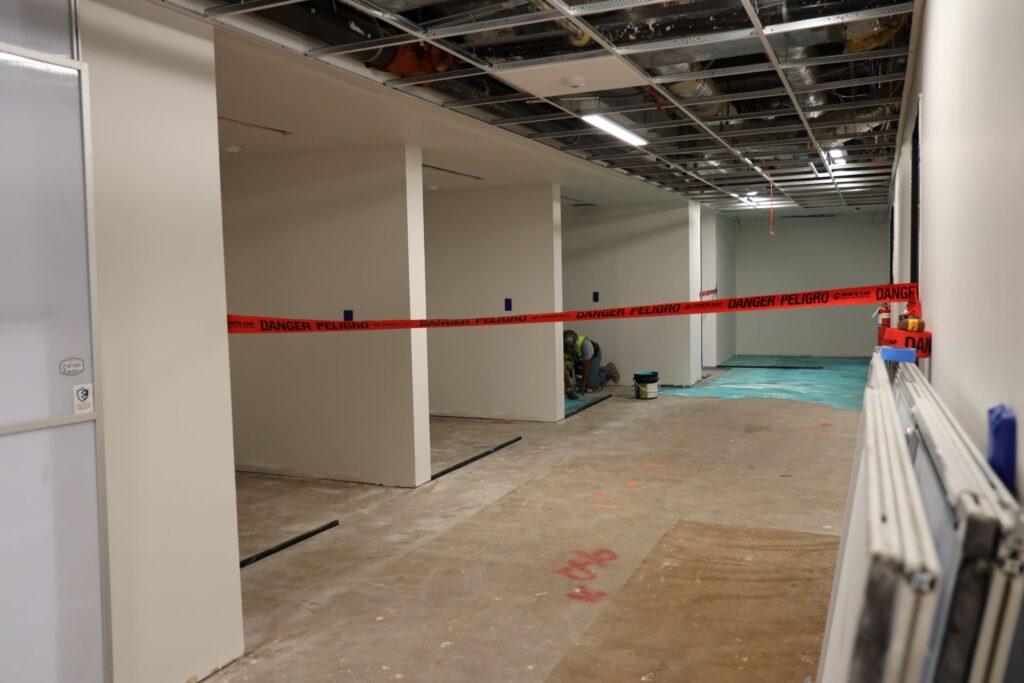 Third Floor, Gibson D. Lewis Library, newly constructed walls for individual study rooms. Carpet being installed.