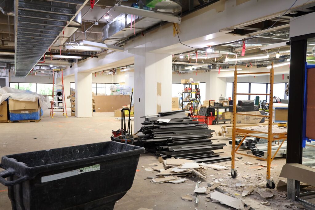 Quiet study area of fourth floor, Gibson D. Lewis Library construction photo