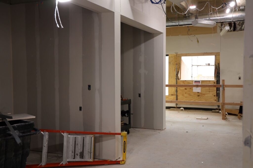 North end of fourth floor, Gibson D. Lewis Library construction photo showing new walls built for individual study rooms. 2025-04-24