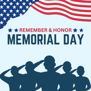 Illustration with American Flag and silhouette of soldiers saluting. "Remember & Honor Memorial Day"