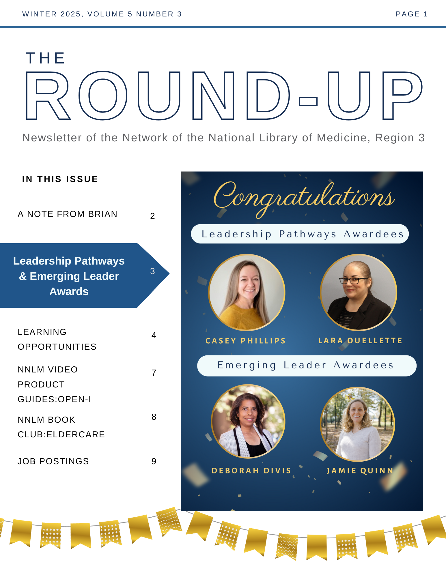 Front cover of NNLM Region 3 Round-Up Winter 2025 newsletter featuring an image of the 2025 Leadership Pathways and Emerging Leader awardees.