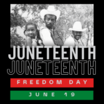 Juneteenth promotional graphic featuring a photo from the 1975 Juneteenth Celebration featuring Pumpkin Wilson, M. J. Wilson, and John Wilson on horseback.