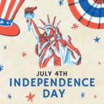 red white and blue graphics featuring Statue of Liberty. "July 4th: Independence Day"