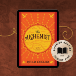 Promotional graphic featuring "The Alchemist" by Paulo Coelho book cover and "Bookish Besties August 2025 Pick" sticker