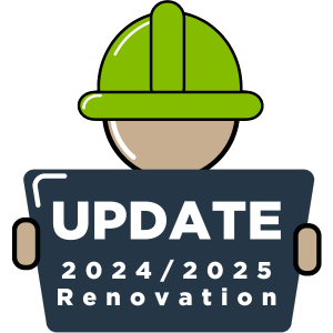 cartoon generic head wearing green hard hat. holding a sign "2024/2025 Renovation Update"