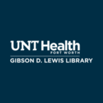 U N T Health Fort Worth | Gibson D. Lewis Library white logo on dark blue background