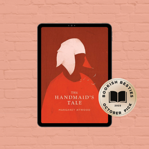 Promotional graphic featuring "The Handmaid's Tale" by Margaret Atwood book cover and "Bookish Besties October 2025 Pick" sticker