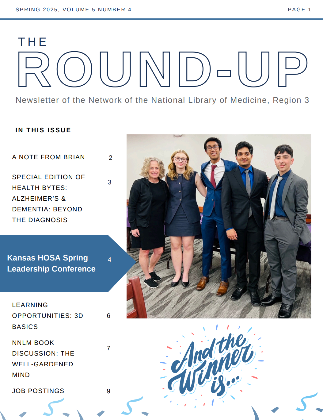 Cover of The Round-Up Spring 2025 listing articles in the issue and picture of 5 smiling people standing next to each other.