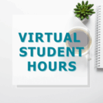 white background with coffee cup and succulent plant. Text reads "Virtual Student Hours"